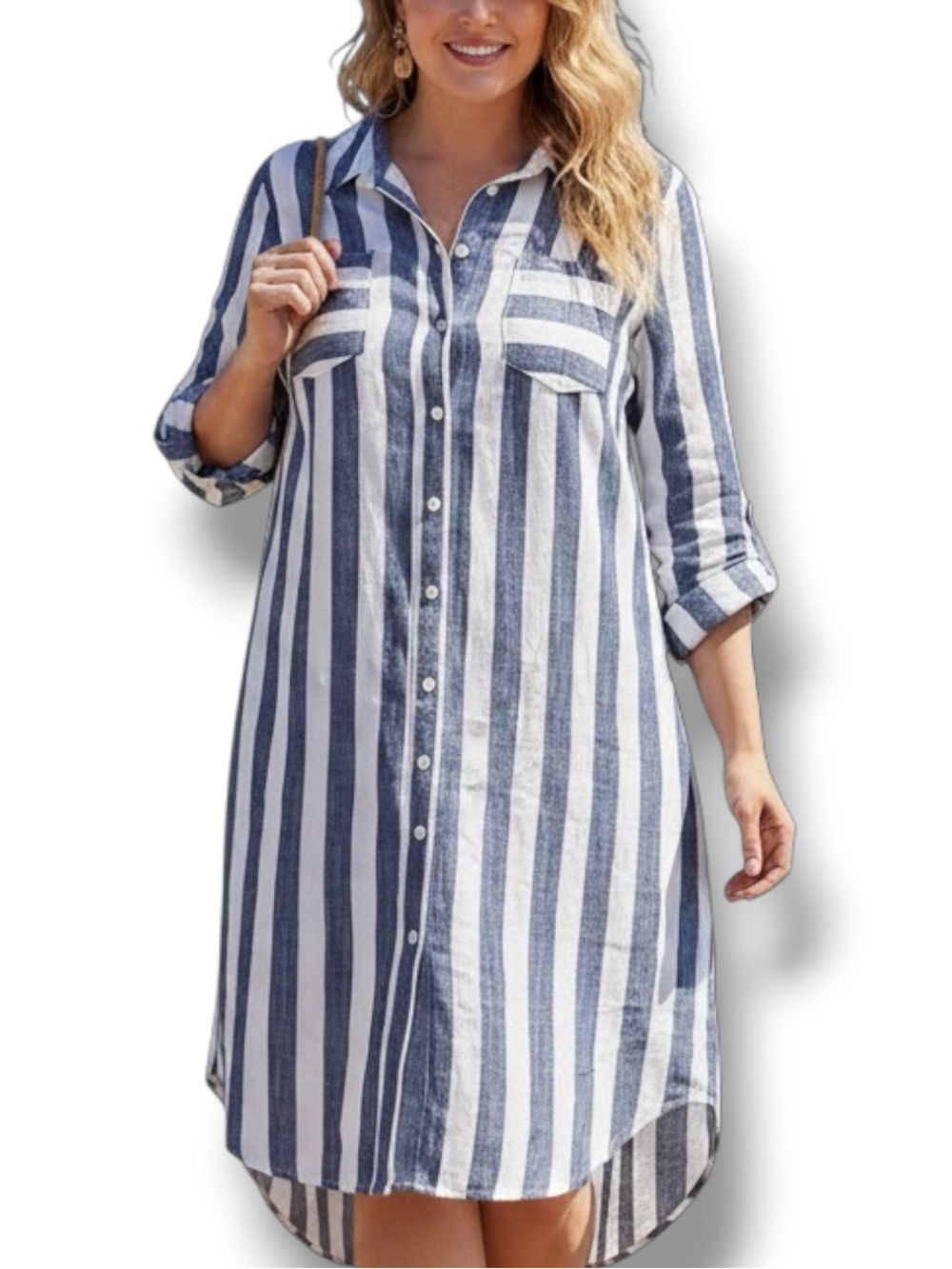 Hope & Harlow Navy Blue White Striped Linen Blend Button Down Shirt Dress 14P